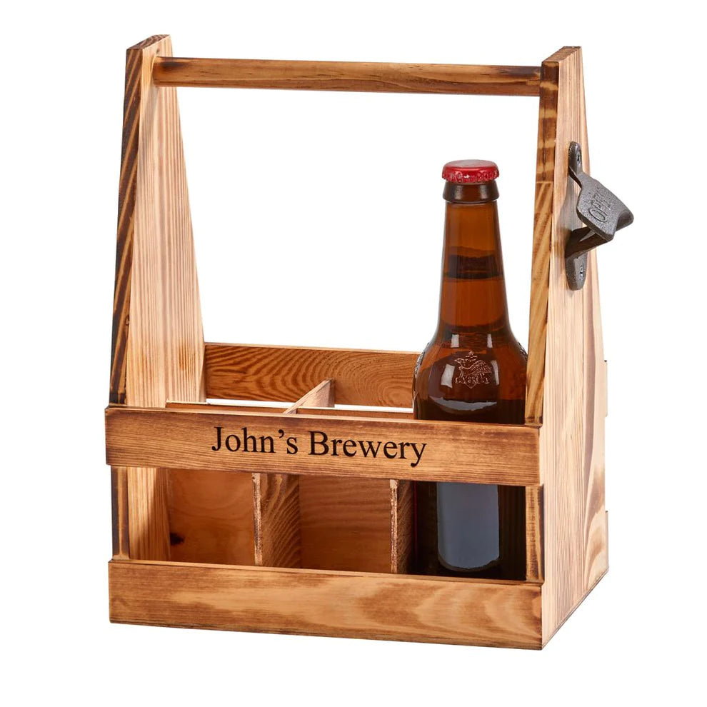 LIGHT WOOD 6 BOTTLE BEVERAGE CADDY WITH OPENER, 11.25" X 9"