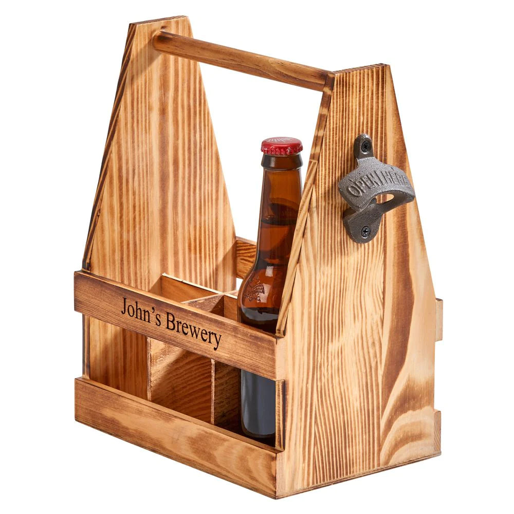 LIGHT WOOD 6 BOTTLE BEVERAGE CADDY WITH OPENER, 11.25" X 9"