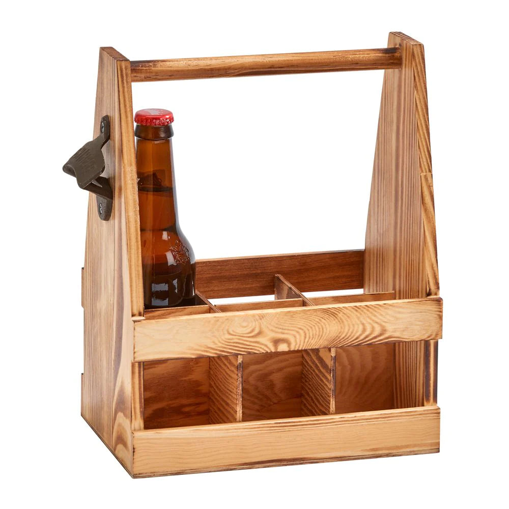 LIGHT WOOD 6 BOTTLE BEVERAGE CADDY WITH OPENER, 11.25" X 9"